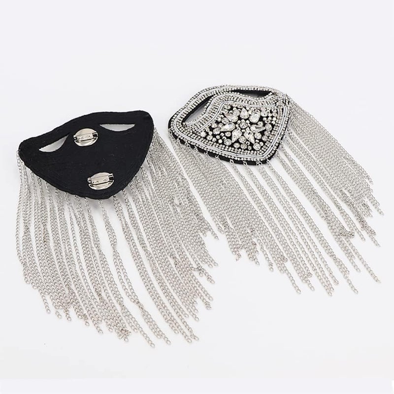 Zthread Crystal Beaded Shoulder Epaulete Badge Rhinestone Shoulder Brooch Pin Gold Chain Tassel Fringe Shoulder Epaullette (Silver) - Image 5